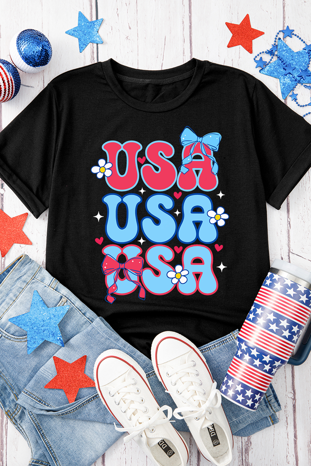 Black July 4th Cute Flower Bow USA Letter Graphic Tee - loveforevers