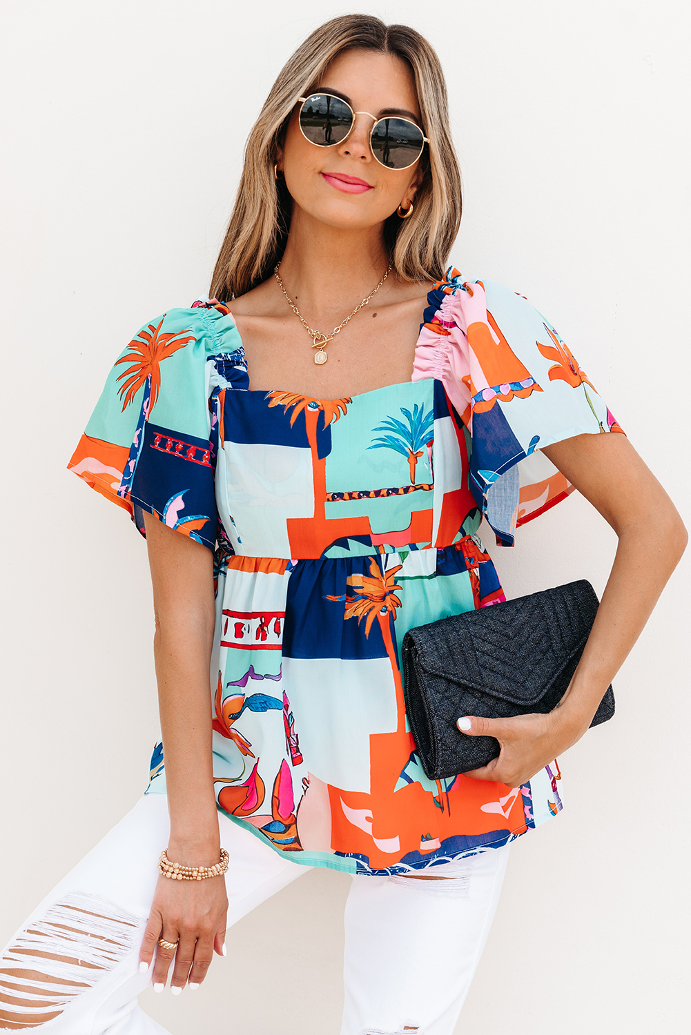 Sky Blue Tropical Printed Square Neck Flutter Sleeve Babydoll Blouse - loveforevers