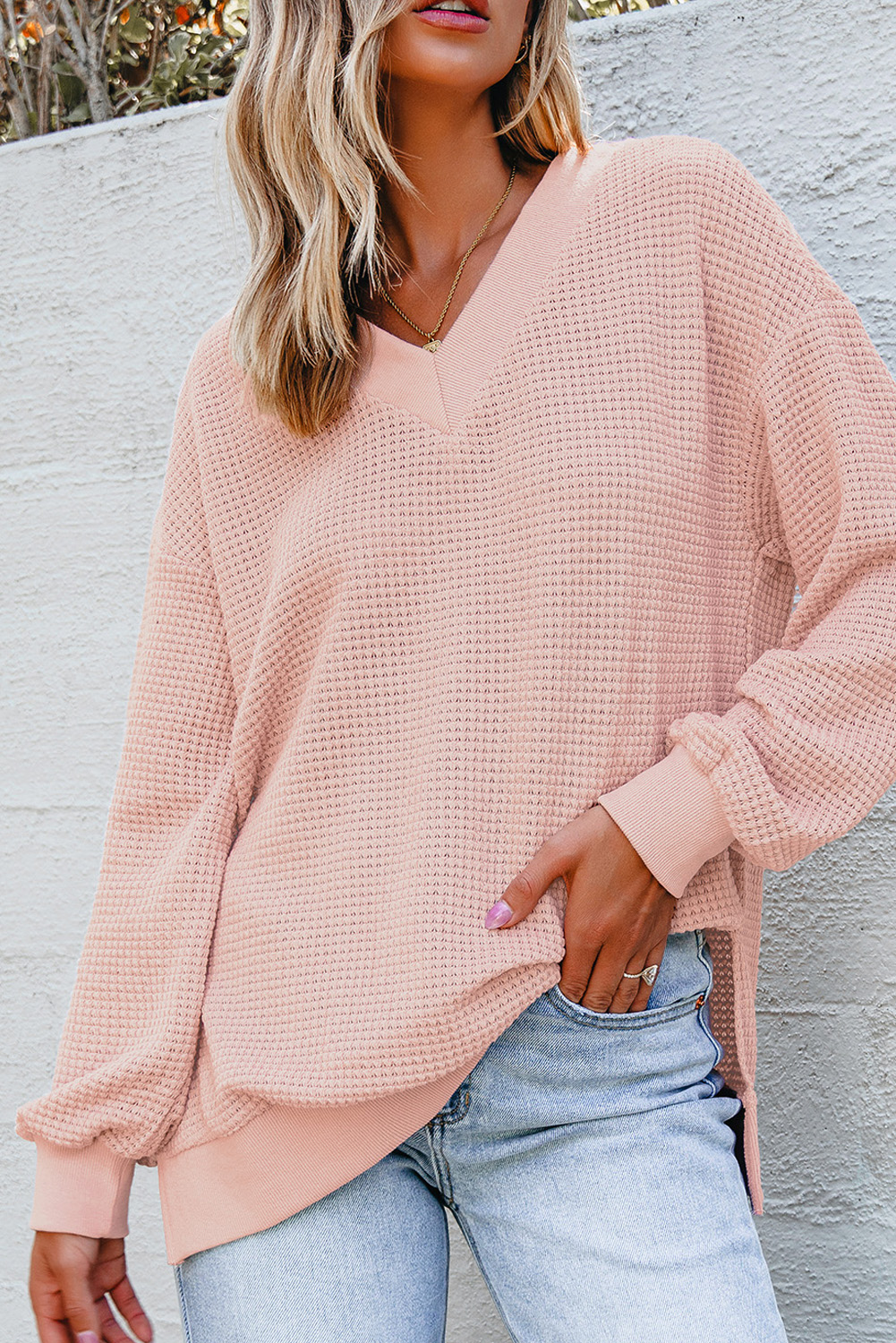 Fushia Thermal V Neck Relaxed Long Sleeve Knit Top - loveforevers