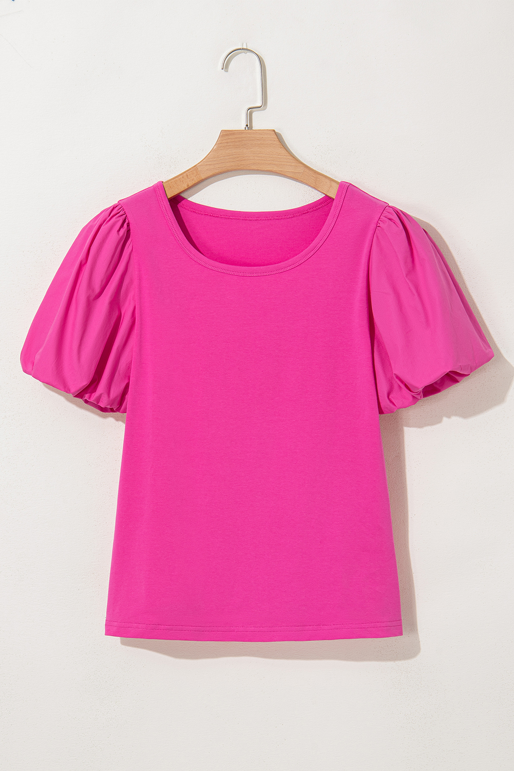 Strawberry Pink Casual Round Neck Bubble Sleeve T-shirt - loveforevers