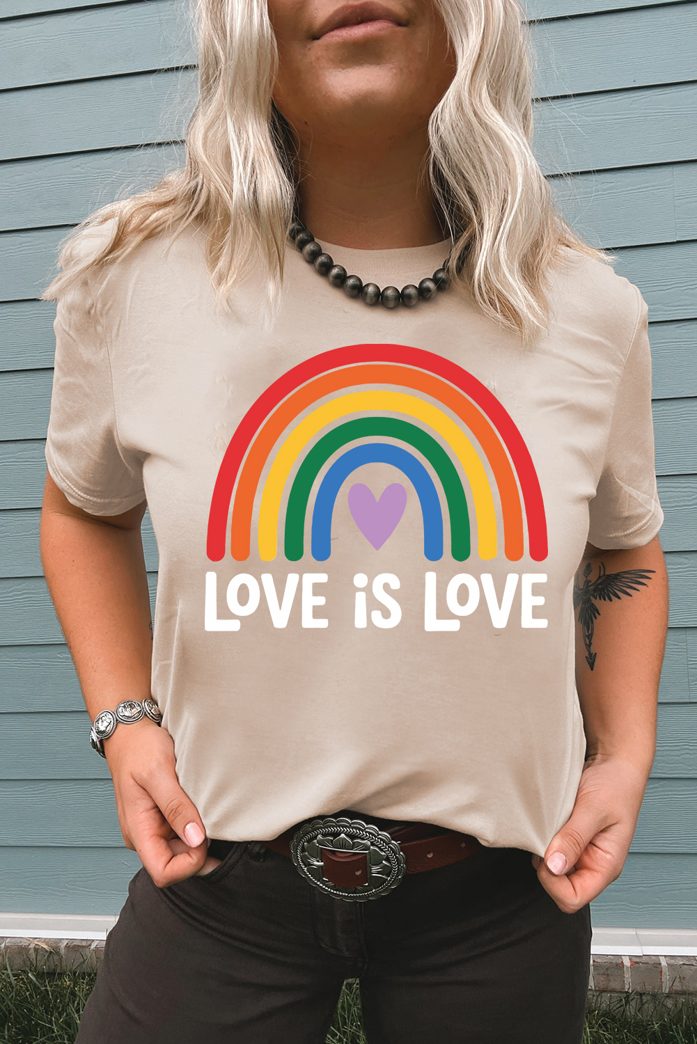 Khaki Love is Love Rainbow Heart Printed Cotton Blend T Shirt - loveforevers