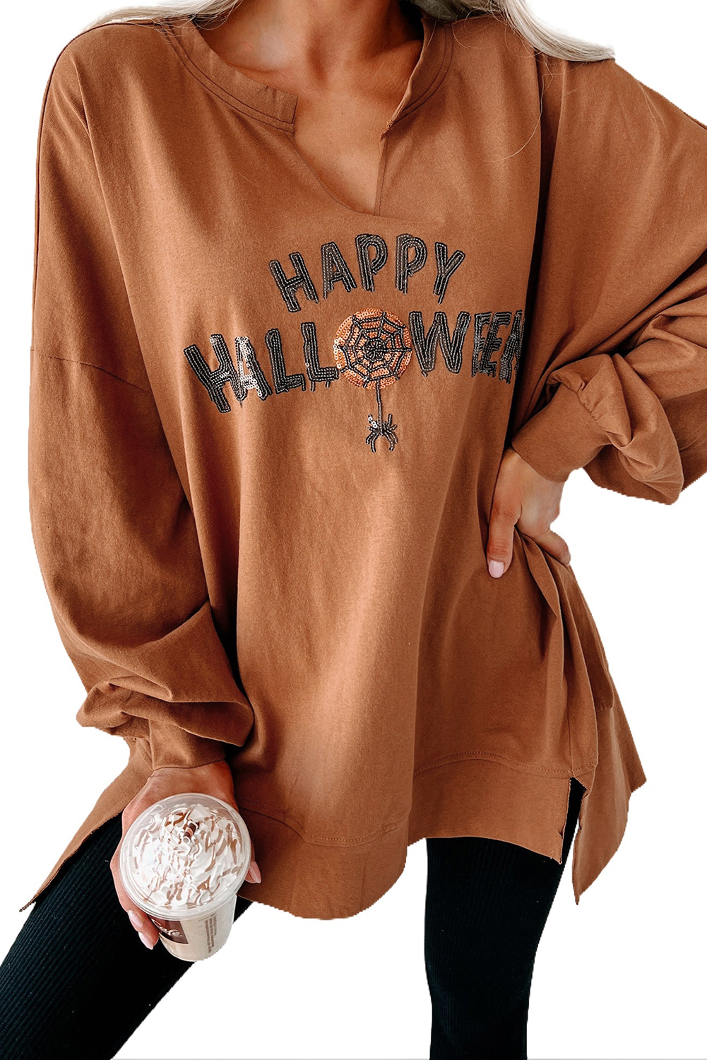 Medium Grey Sequin Happy Halloween Graphic Notched Neck Long Sleeve Loose Top - loveforevers