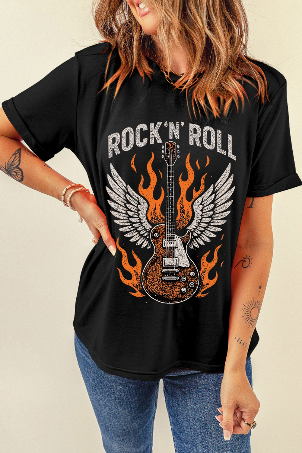 Black Guitar Wings Slogan Print Crew Neck T Shirt - loveforevers
