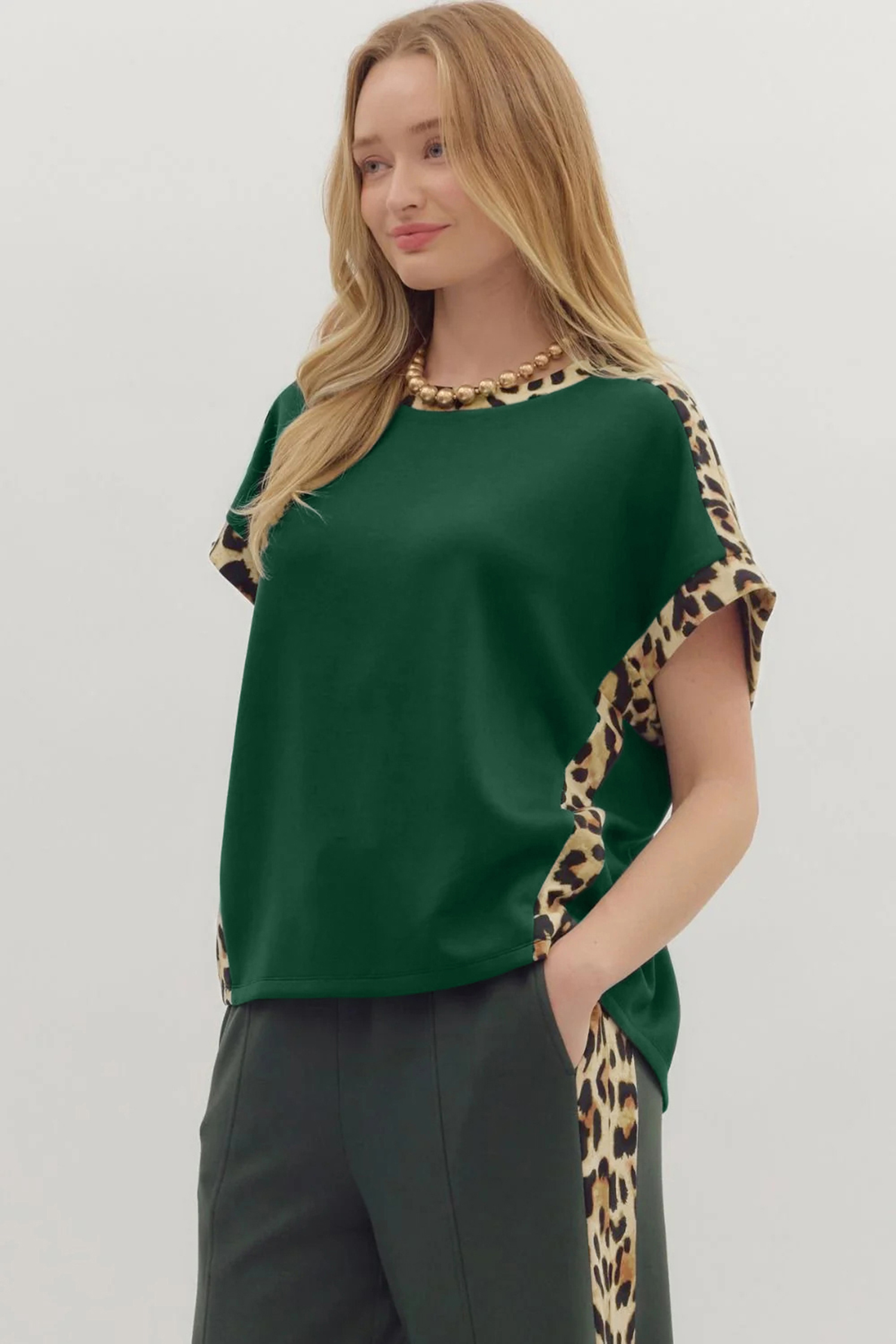 Sea Green Leopard Trim Round Neck Loose T Shirt - loveforevers