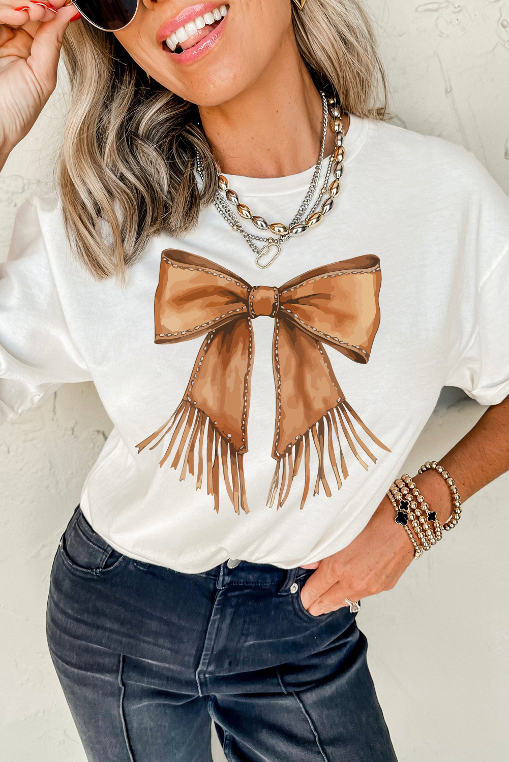 White Tassel Bowknot Print Round Neck Western Fashion T Shirt - loveforevers