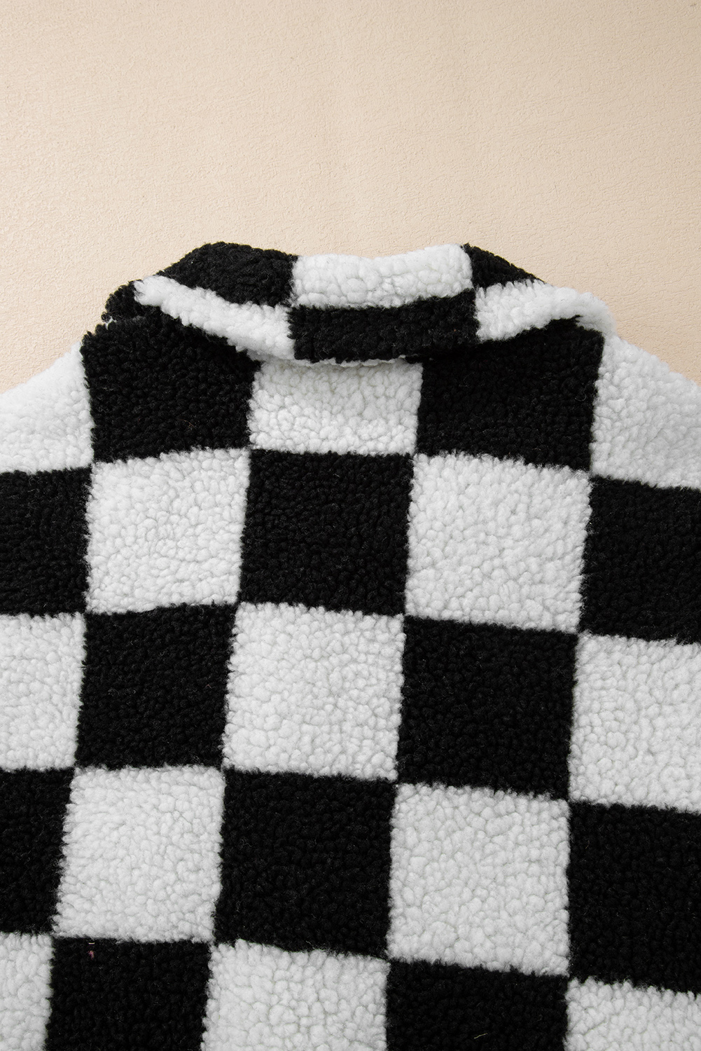 Black Checkered Side Pockets Collared Buttoned Fleece Jacket - loveforevers