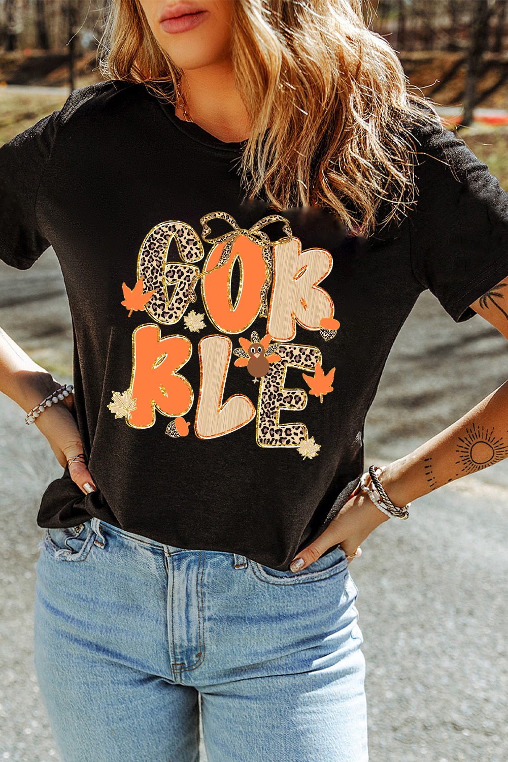 Black GOBBLE Leopard Letter Print Turkey Bow Graphic T Shirt - loveforevers