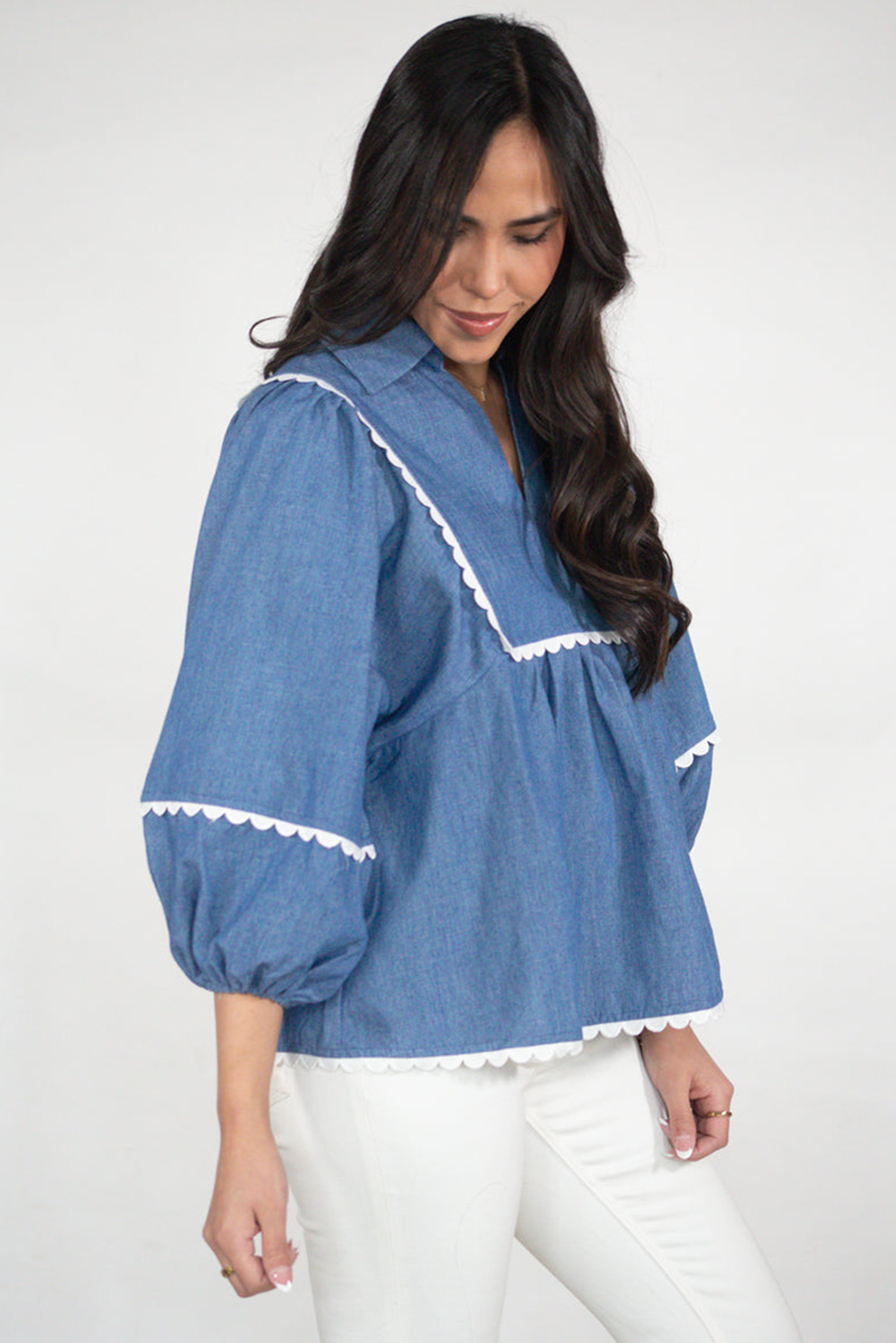 Dusk Blue Lace Ric Rac 3/4 Puff Sleeve Collared Babydoll Blouse - loveforevers