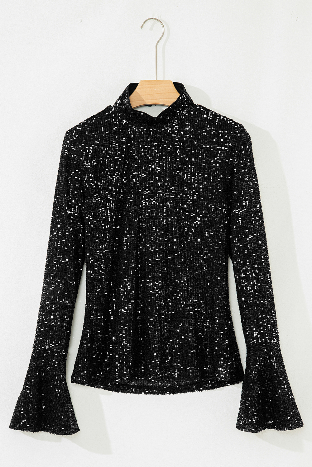 Jet Stream Sequin Mock Neck Drape Open Back Bell Sleeve Top - loveforevers