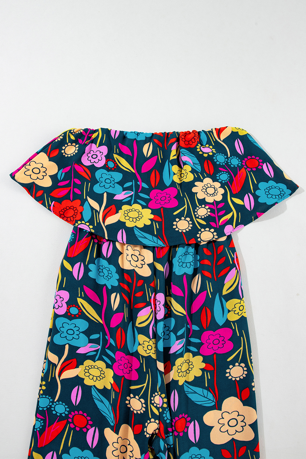 Red Mix Tropical Print Strapless Ruffled Jumpsuit - loveforevers