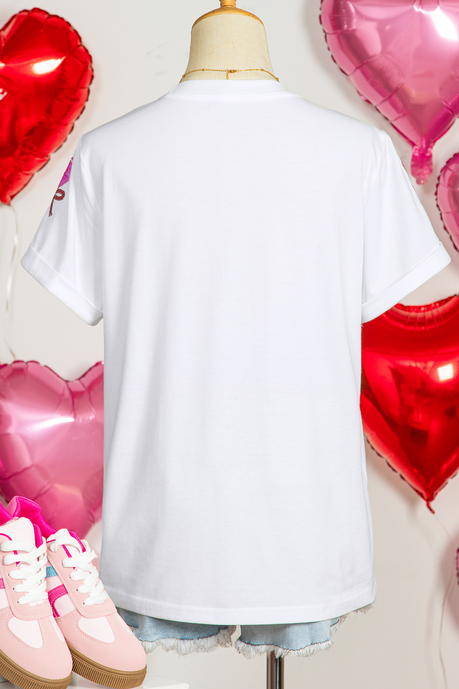 White Sequin Bow Heart Shape Lolly Valentines Day Graphic Tee - loveforevers