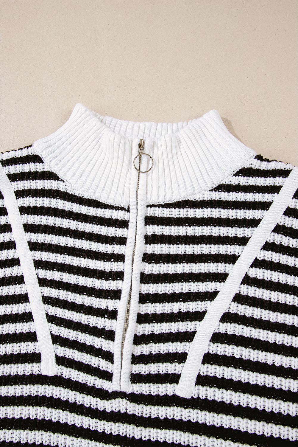 Black Stripe Zip up Collar Drop Shoulder Sweater - loveforevers