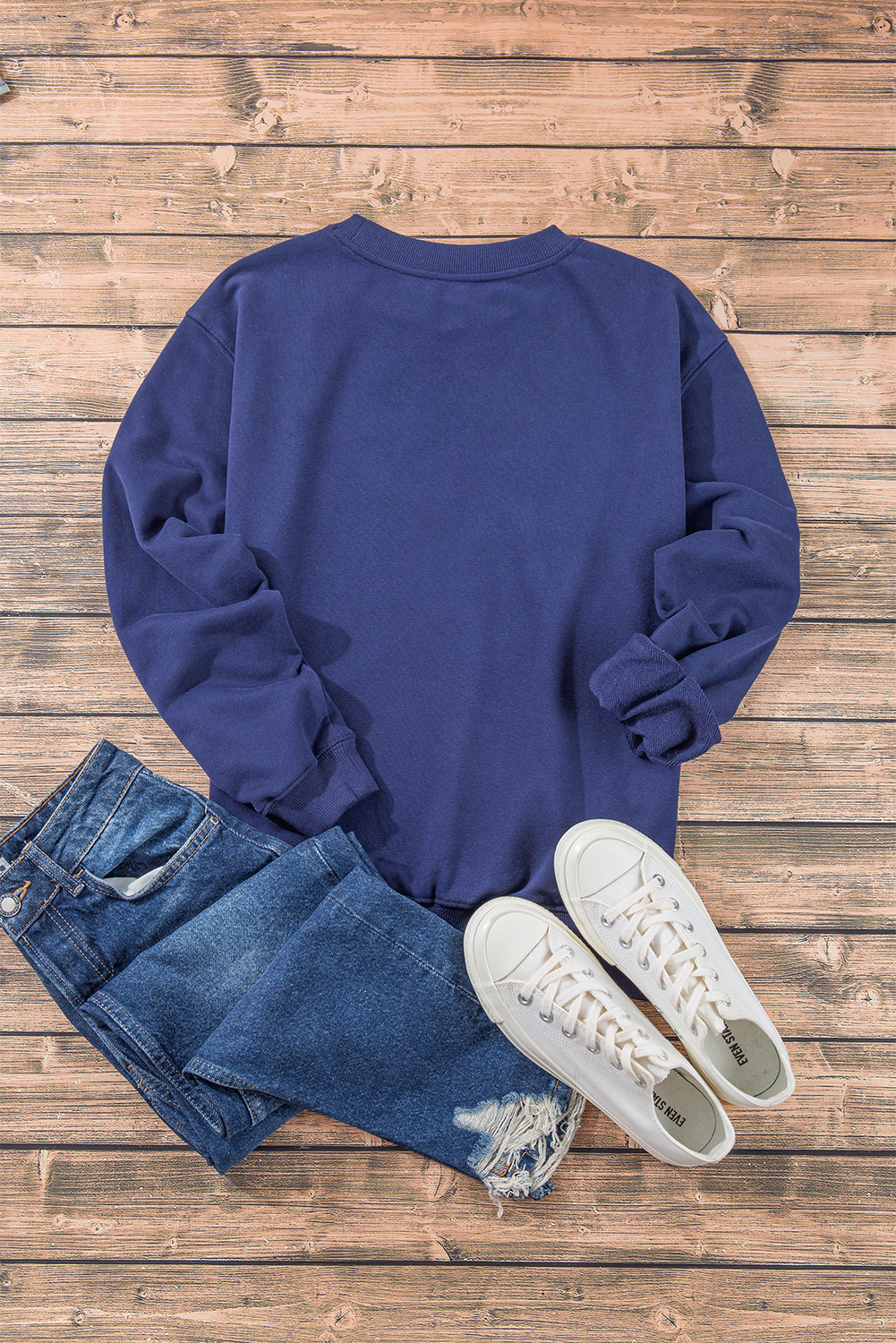 Navy Blue Plain Drop Shoulder Crewneck Pullover Sweatshirt - loveforevers