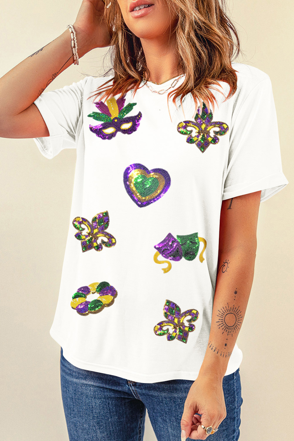 White Sequined Mardi Gras Symbolic Pattern Casual Tee - loveforevers