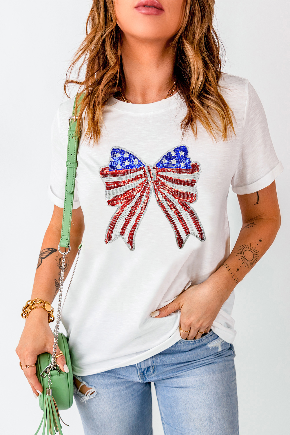 White USA Flag Bow Knot Patched Crew Neck T Shirt - loveforevers