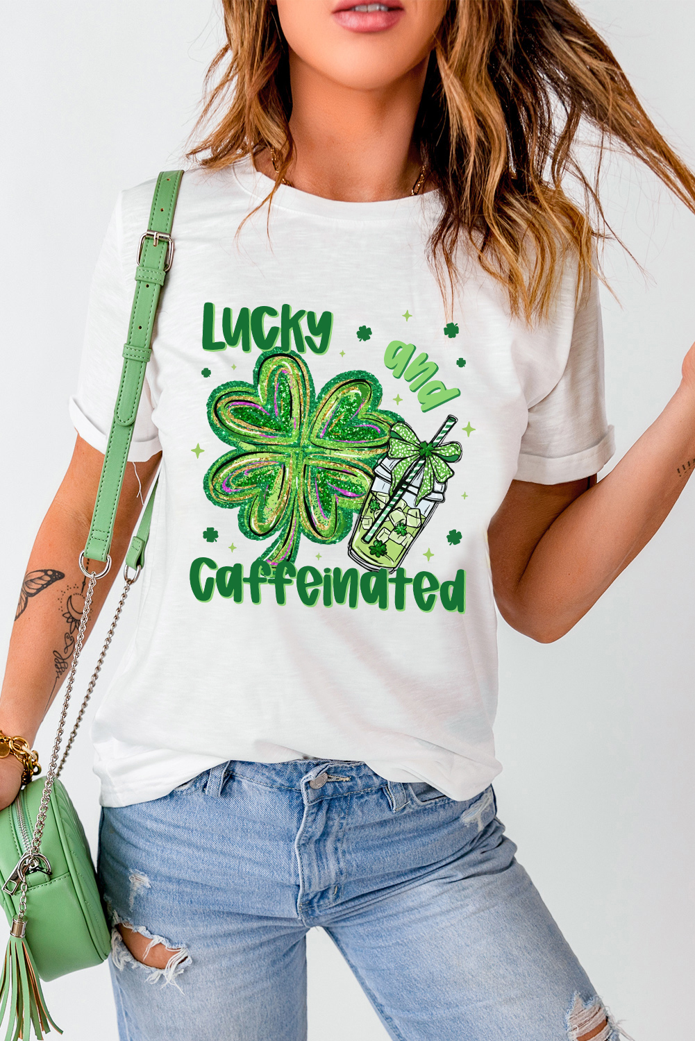 White Lucky and Caffeinated Clover Graphic St Patrick Tee - loveforevers
