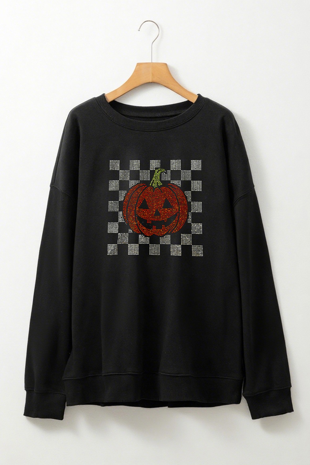 Black Rhinestone Jack-o-lantern Checkered Graphic Halloween Sweatshirt - loveforevers