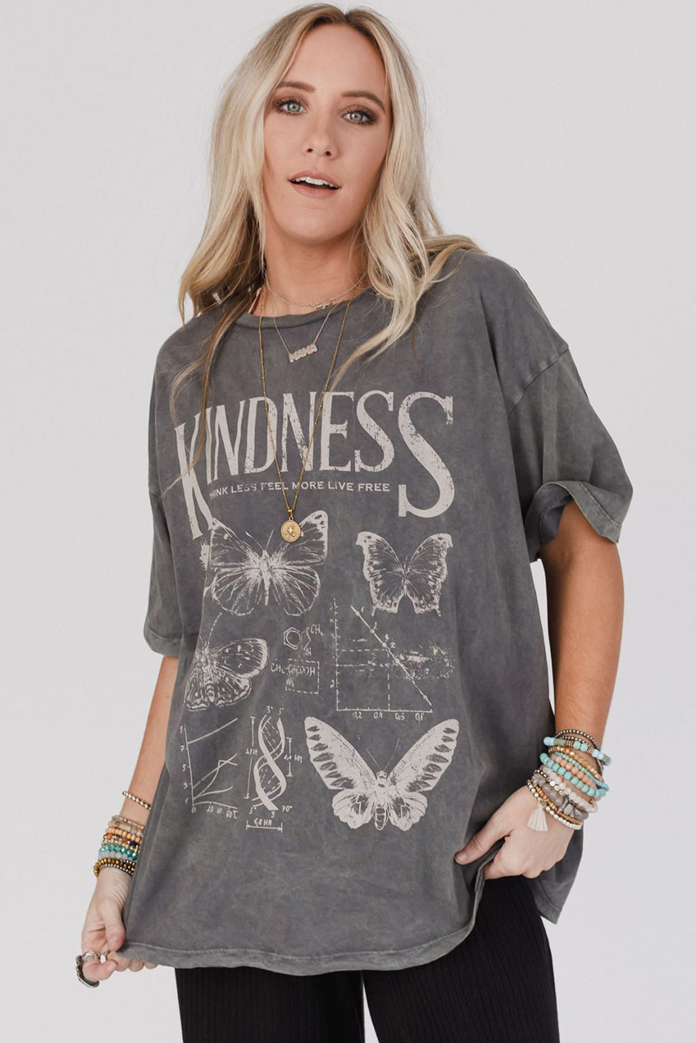 Dark Grey Kindness Butterflies Graphic Mineral Wash Loose Tee - loveforevers
