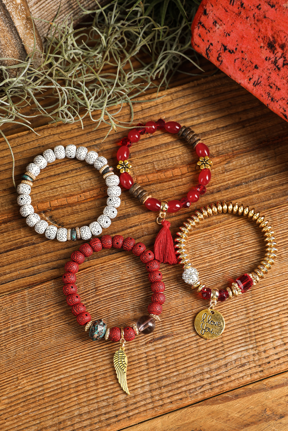 Red Dahlia 4pcs Boho Disc Tassel Wing Pendant Beaded Bracelet Set - loveforevers