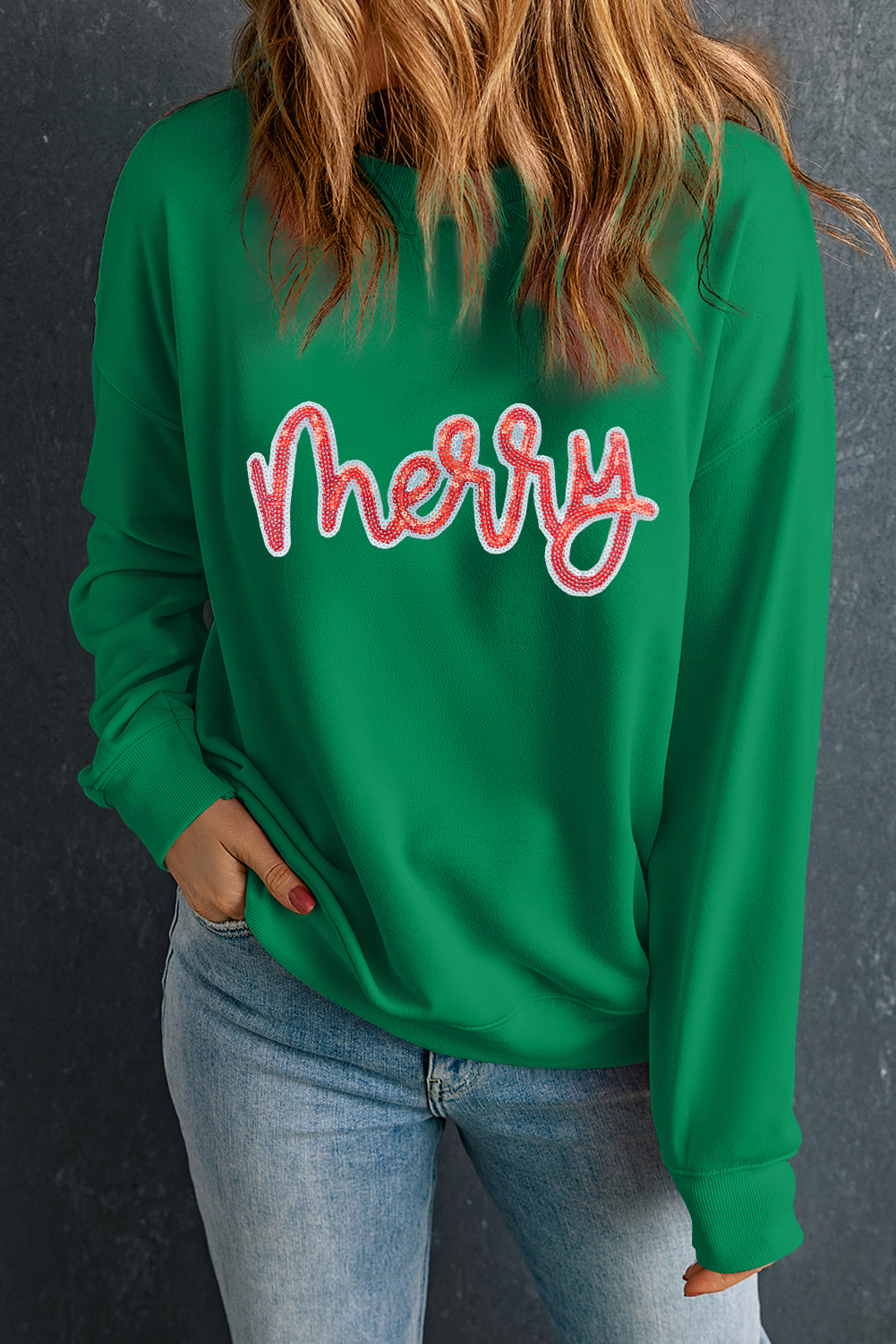 Dark Green merry Sequin Letter Patched Drop Shoulder Baggy Sweatshirt - loveforevers
