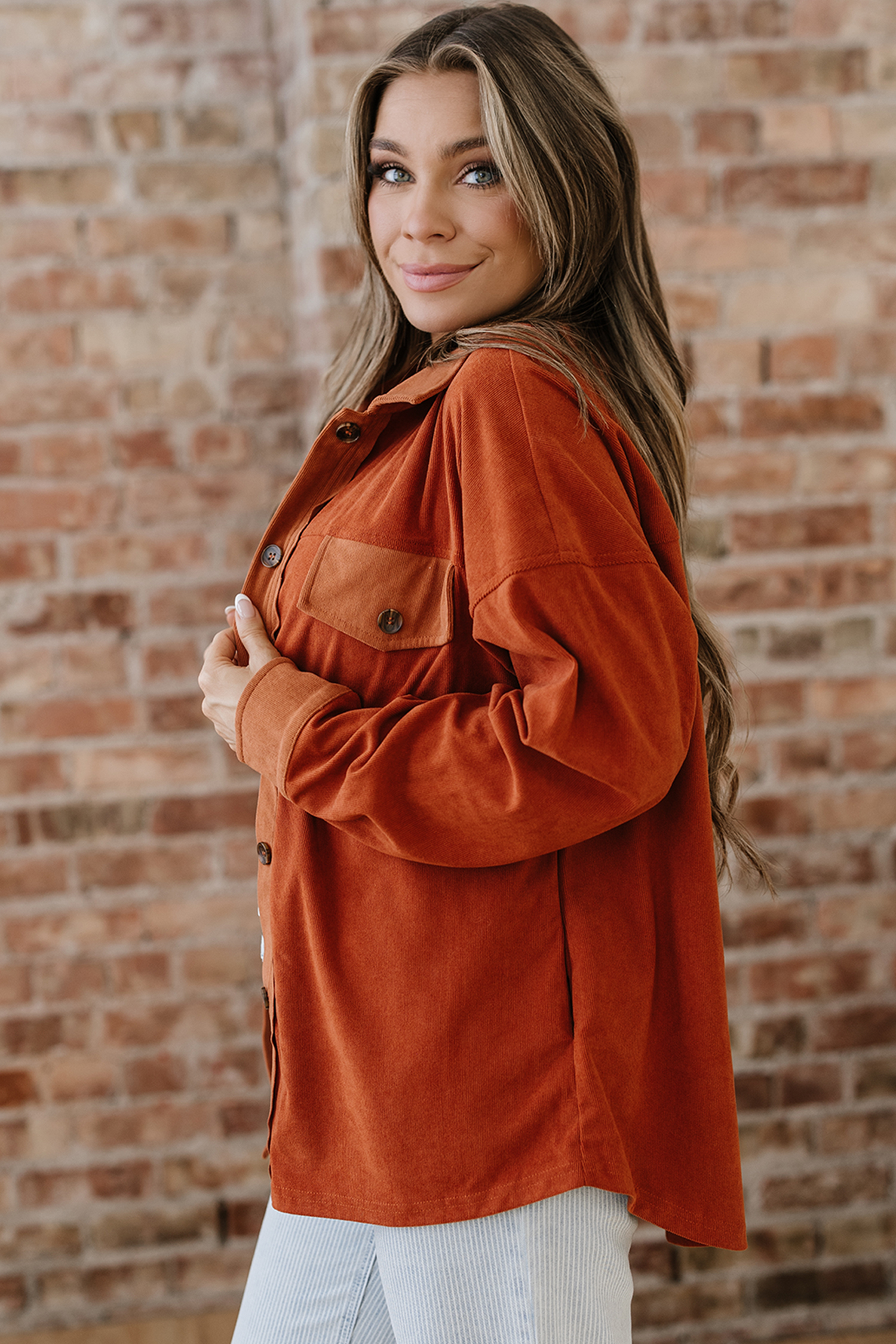 Gold Flame Velvet Flap Pockets Drop Shoulder Casual Shacket - loveforevers