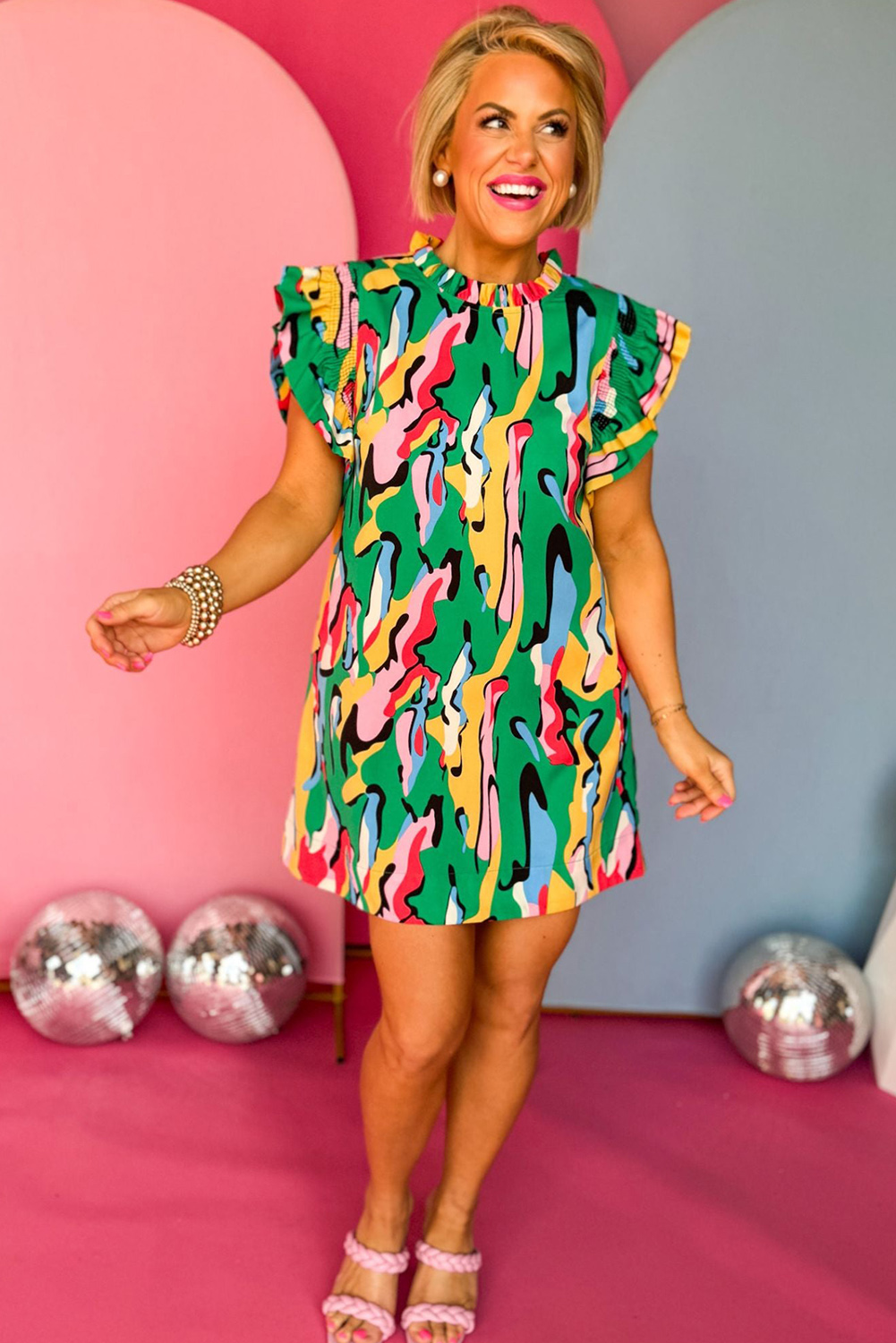 Green Abstract Print Frilled Neck Ruffled Sleeve Mini Dress - loveforevers