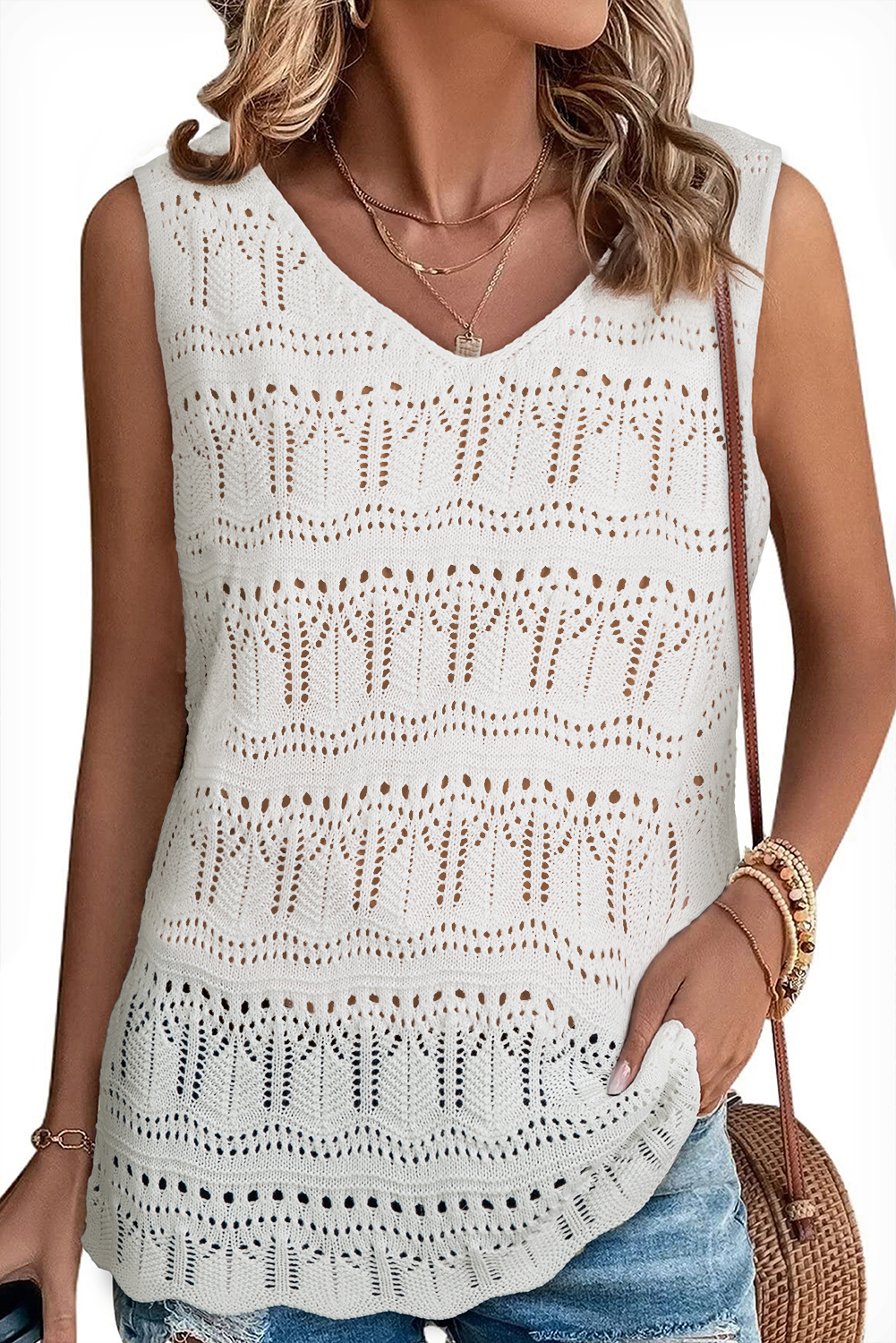 White V Neck Textured Hollow-out Sweater Vest - loveforevers