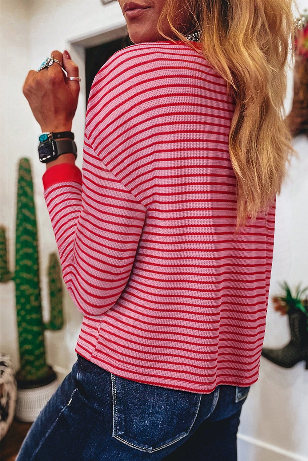 Pink Stripe Textured Round Neck Drop Shoulder Long Sleeve T Shirt - loveforevers