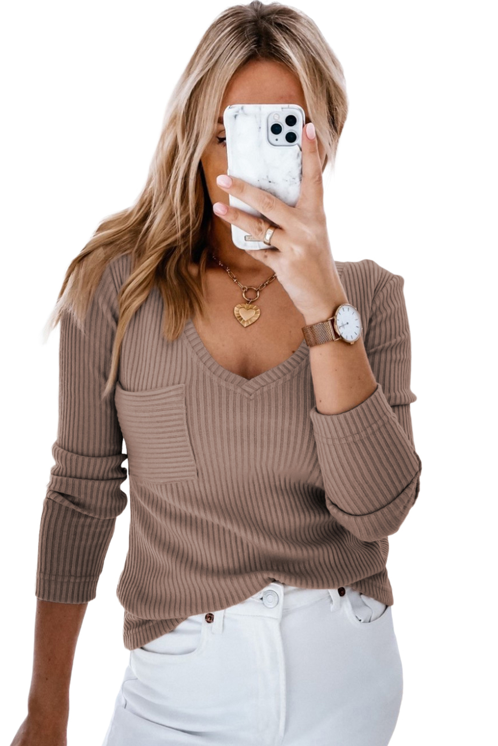 Khaki Ribbed Knit Patched Chest Pocket V Neck Top - loveforevers