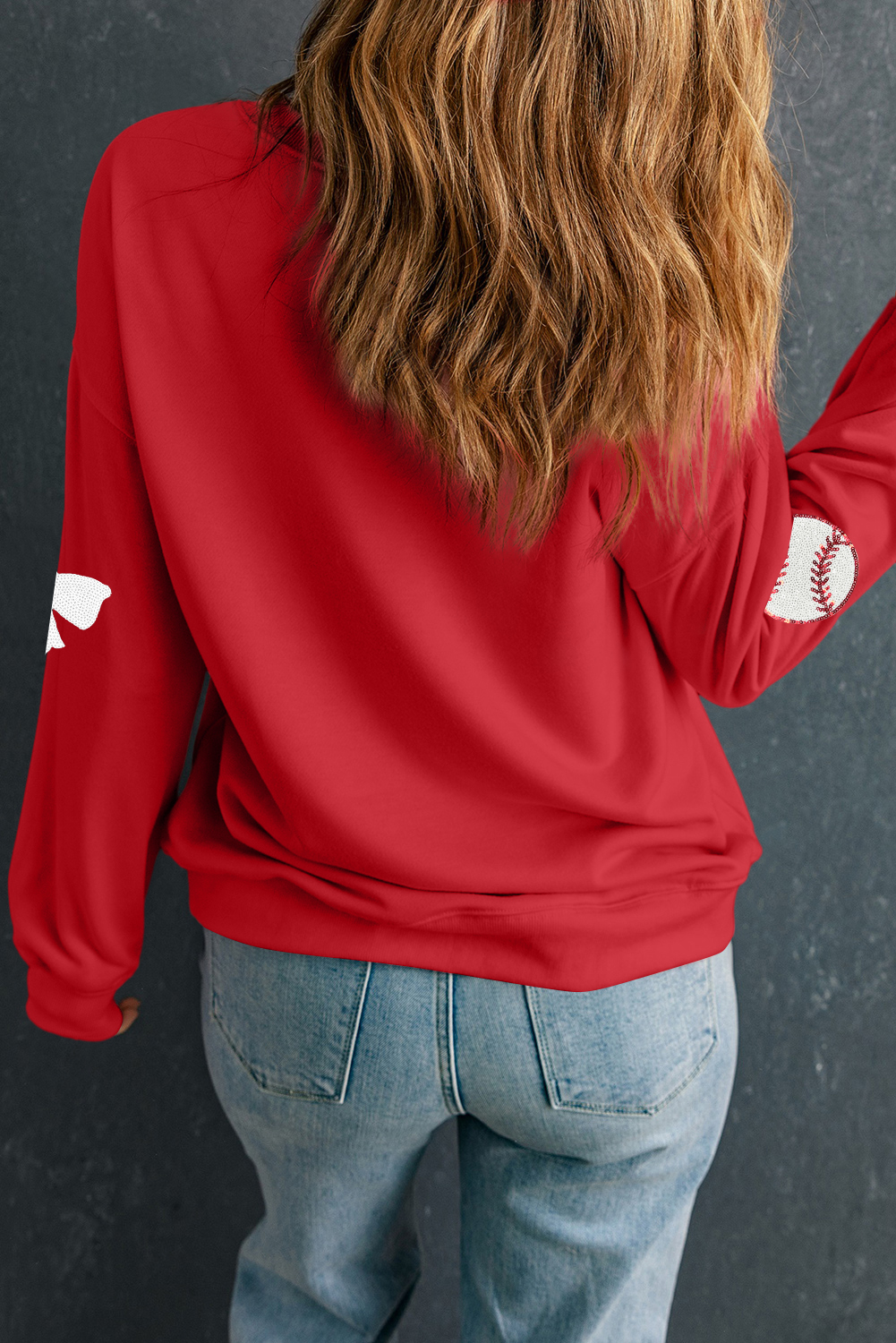Red Sequin Baseball Bow Patched Pattern Game Day Pullover Sweatshirt - loveforevers