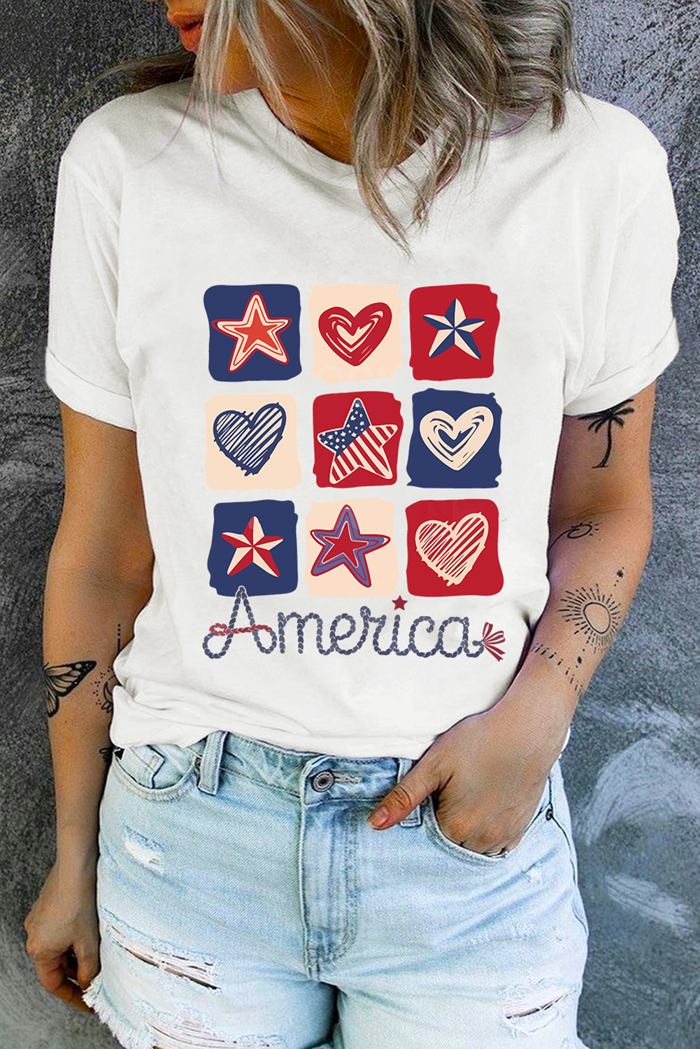 White American Heart Star Checkered Graphic Tee - loveforevers