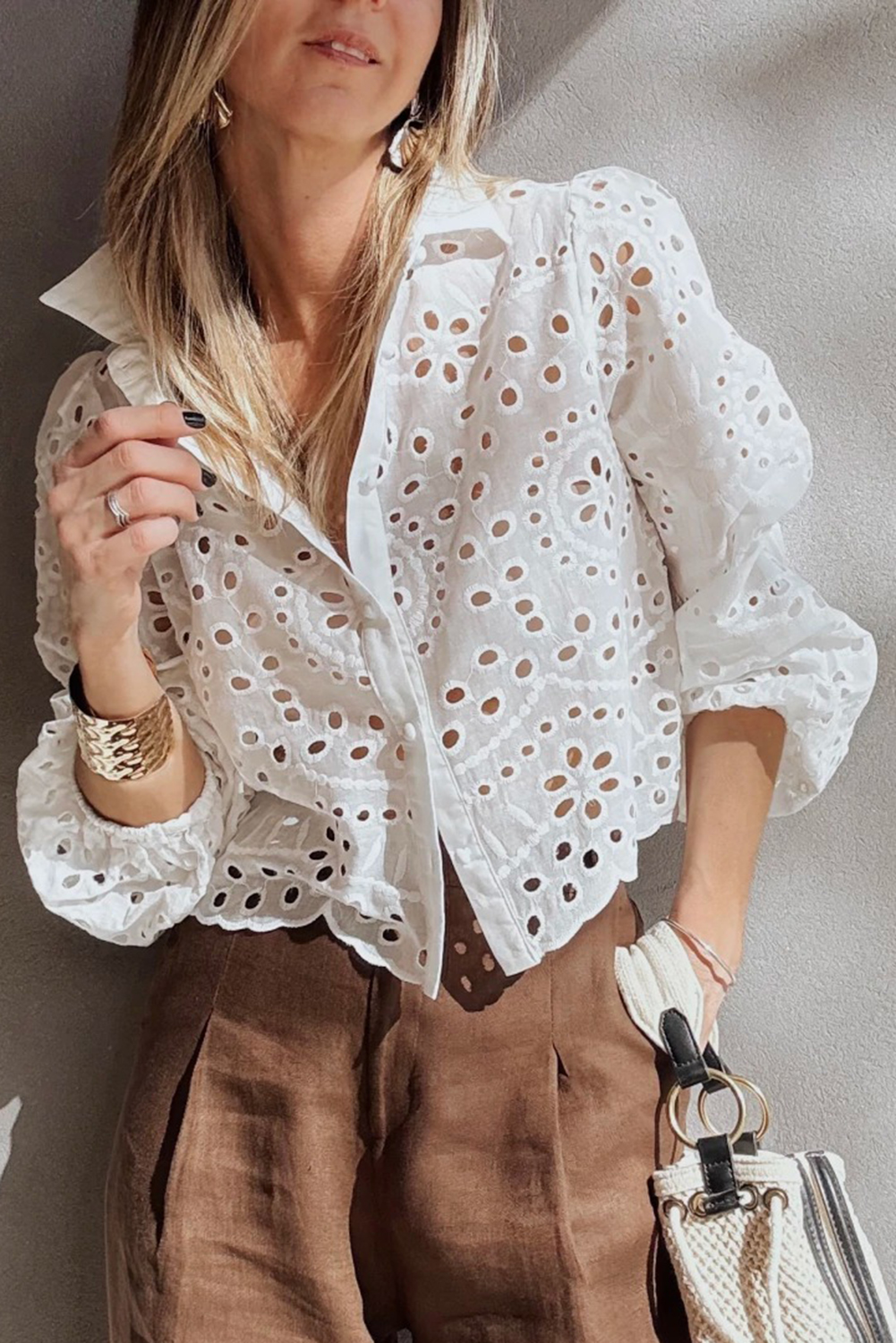 White Eyelet Embroidered Puff Sleeve Crop Shirt - loveforevers