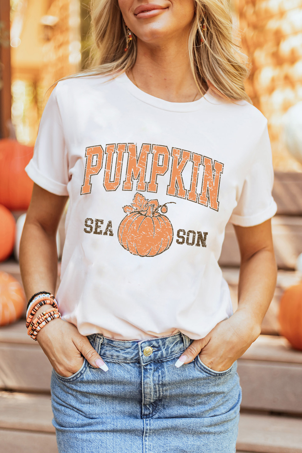 White PUMPKIN SEASON Cracking Printed Cotton Blend T Shirt - loveforevers