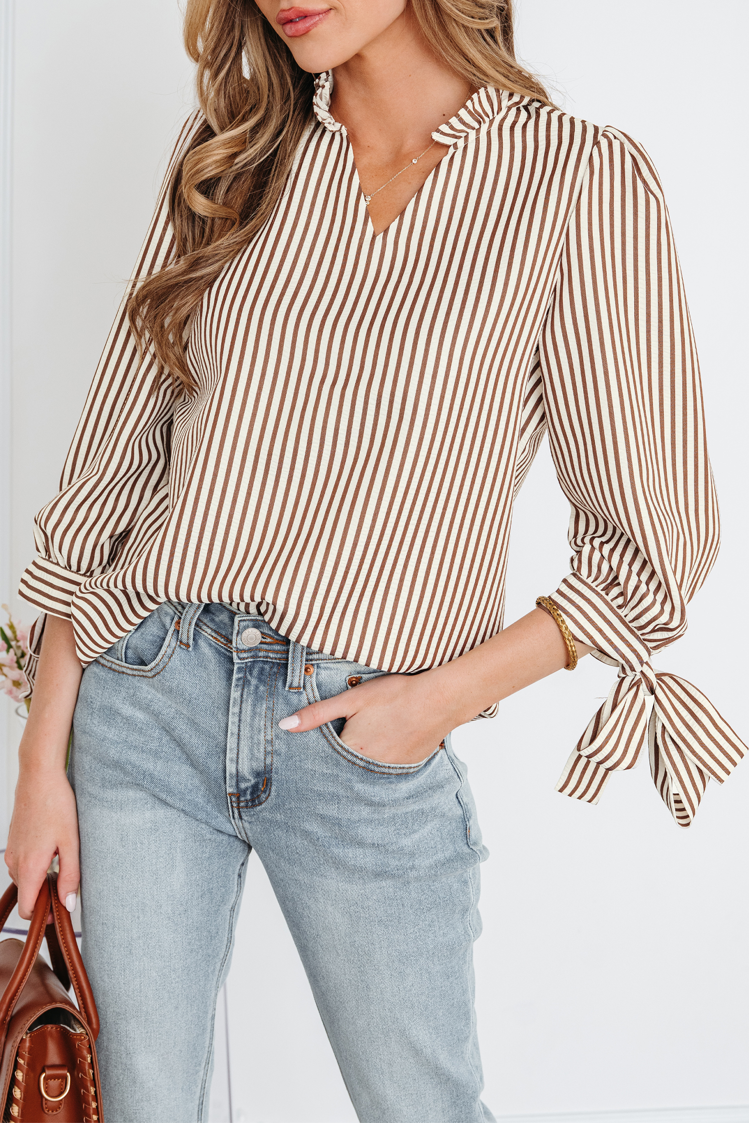 Straw Yellow Striped Print Tied Cuffs Split Neck Seersucker Blouse - loveforevers