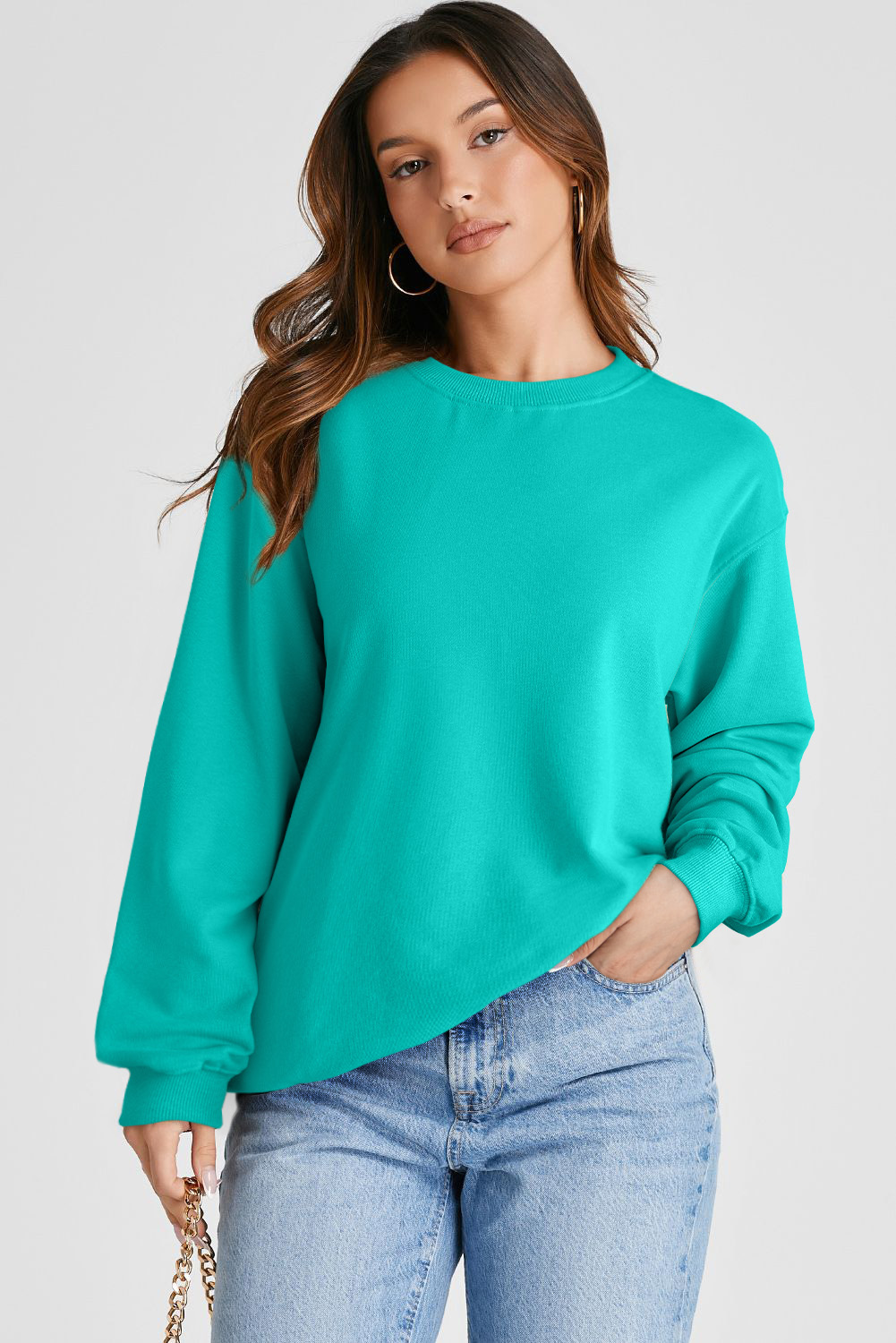 Navy Blue Plain Drop Shoulder Crewneck Pullover Sweatshirt - loveforevers
