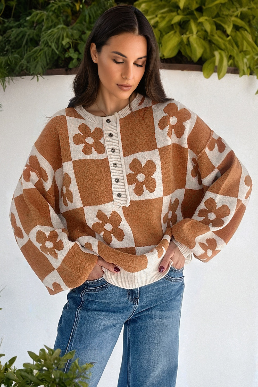 Black Flower Plaid Henley Baggy Sweater - loveforevers