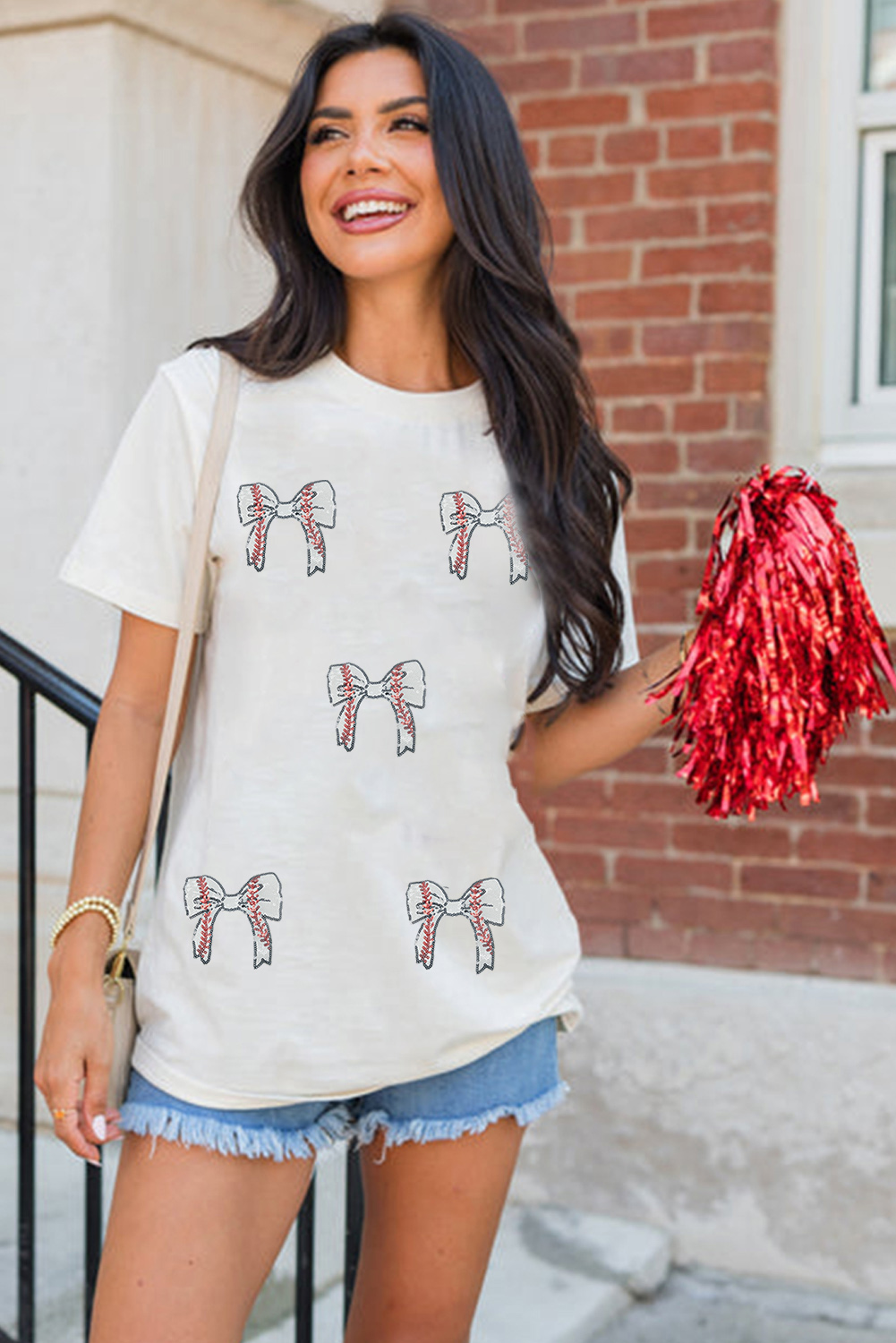 Black Glitter Baseball Bow Patched Cotton Blend T Shirt - loveforevers