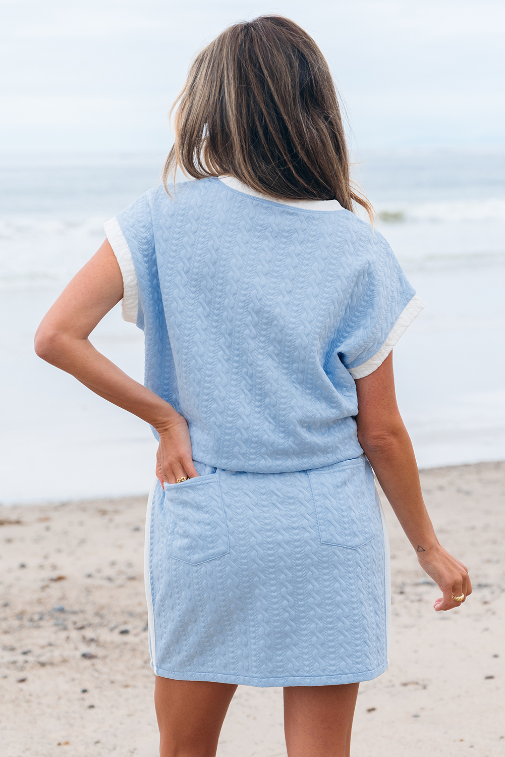 Beau Blue Contrast Trim Textured Crewneck Tee and Pocketed Skirt Set - loveforevers