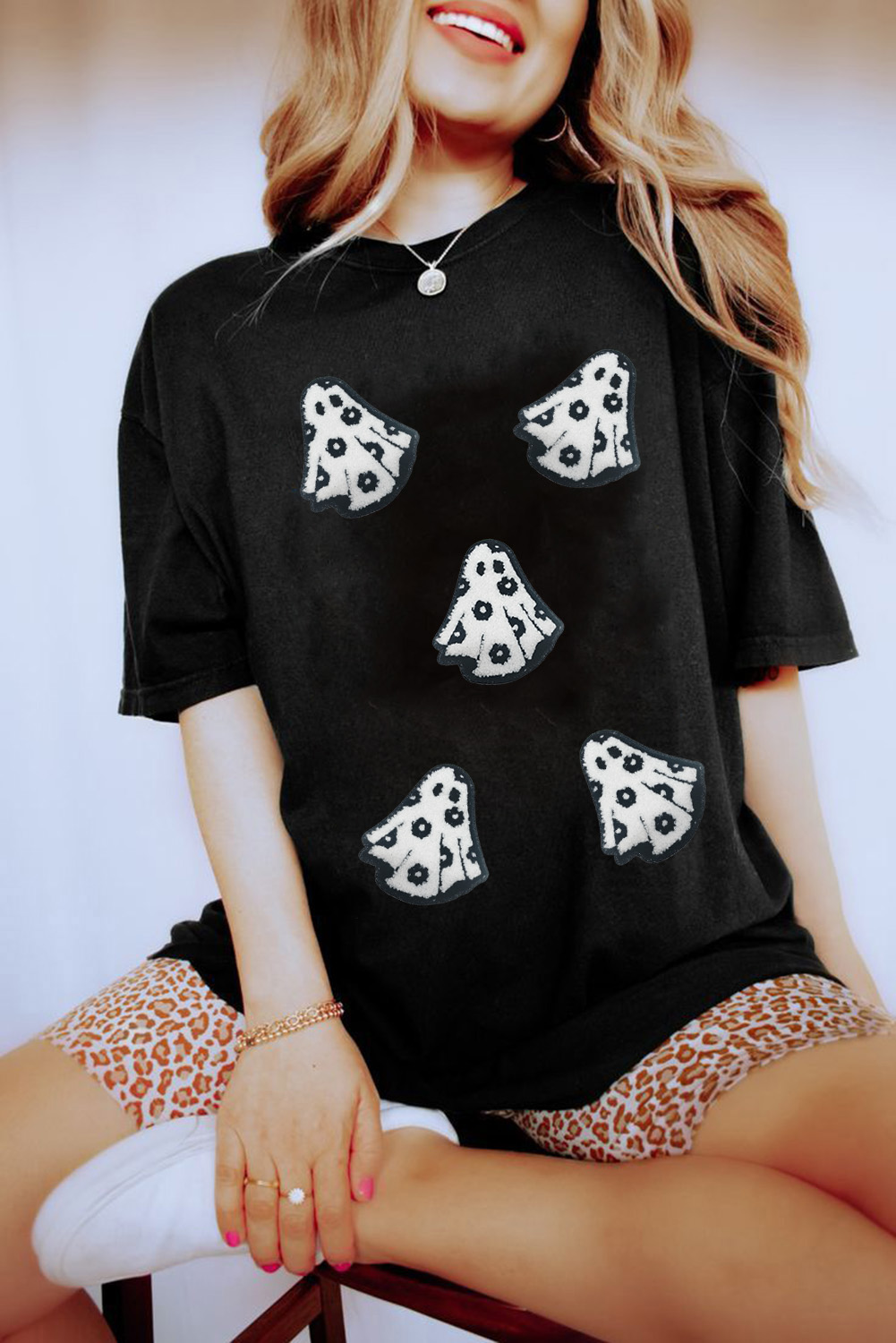 White Playful Ghost Patched Cotton Blend T Shirt - loveforevers