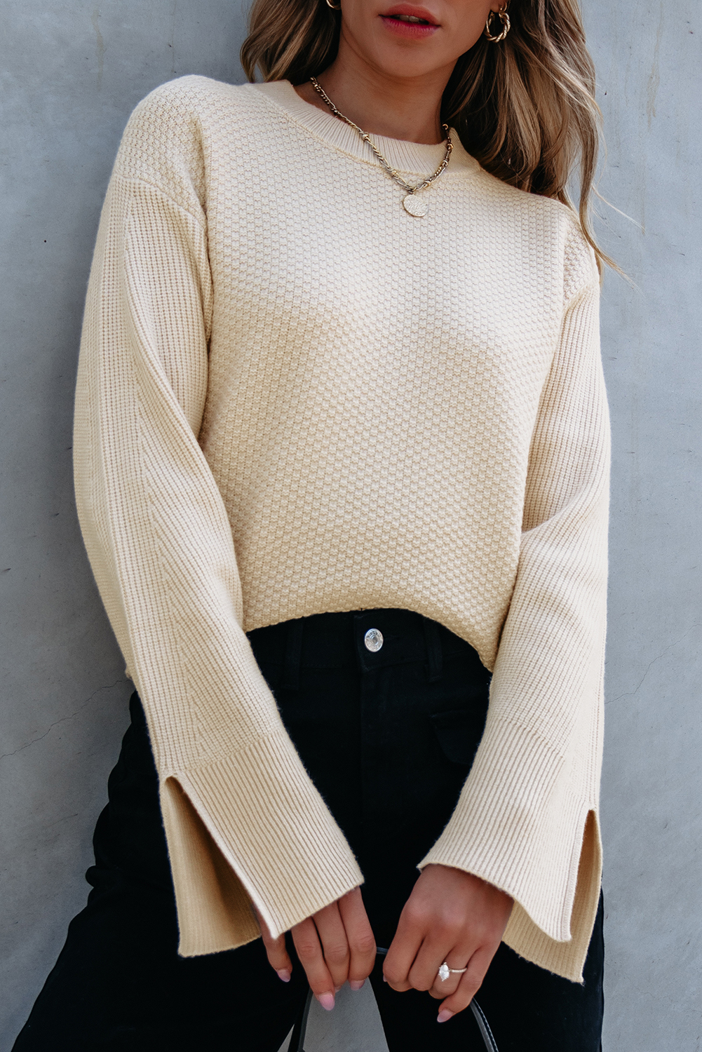 Parchment Solid Textured Knit Split Cuff Drop Shoulder Loose Sweater - loveforevers