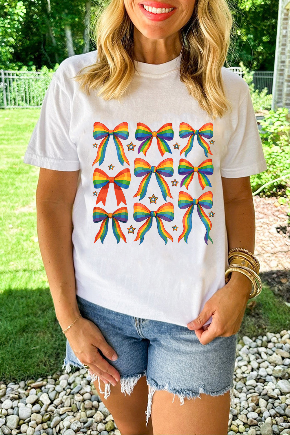 White Pride Bow Starry Print Cotton Blend T Shirt - loveforevers