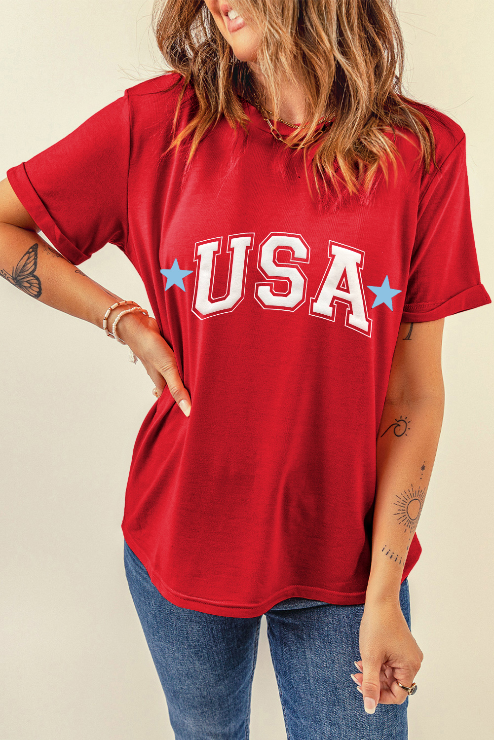 Red Star USA Print Crewneck Patriotic T Shirt - loveforevers