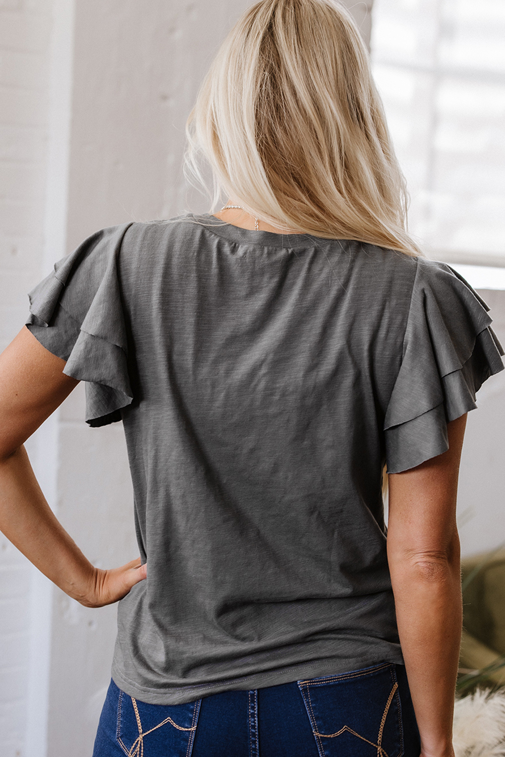 Dark Grey Sequin Turquoise Pattern Ruffle Sleeve Cowgirl Tee - loveforevers