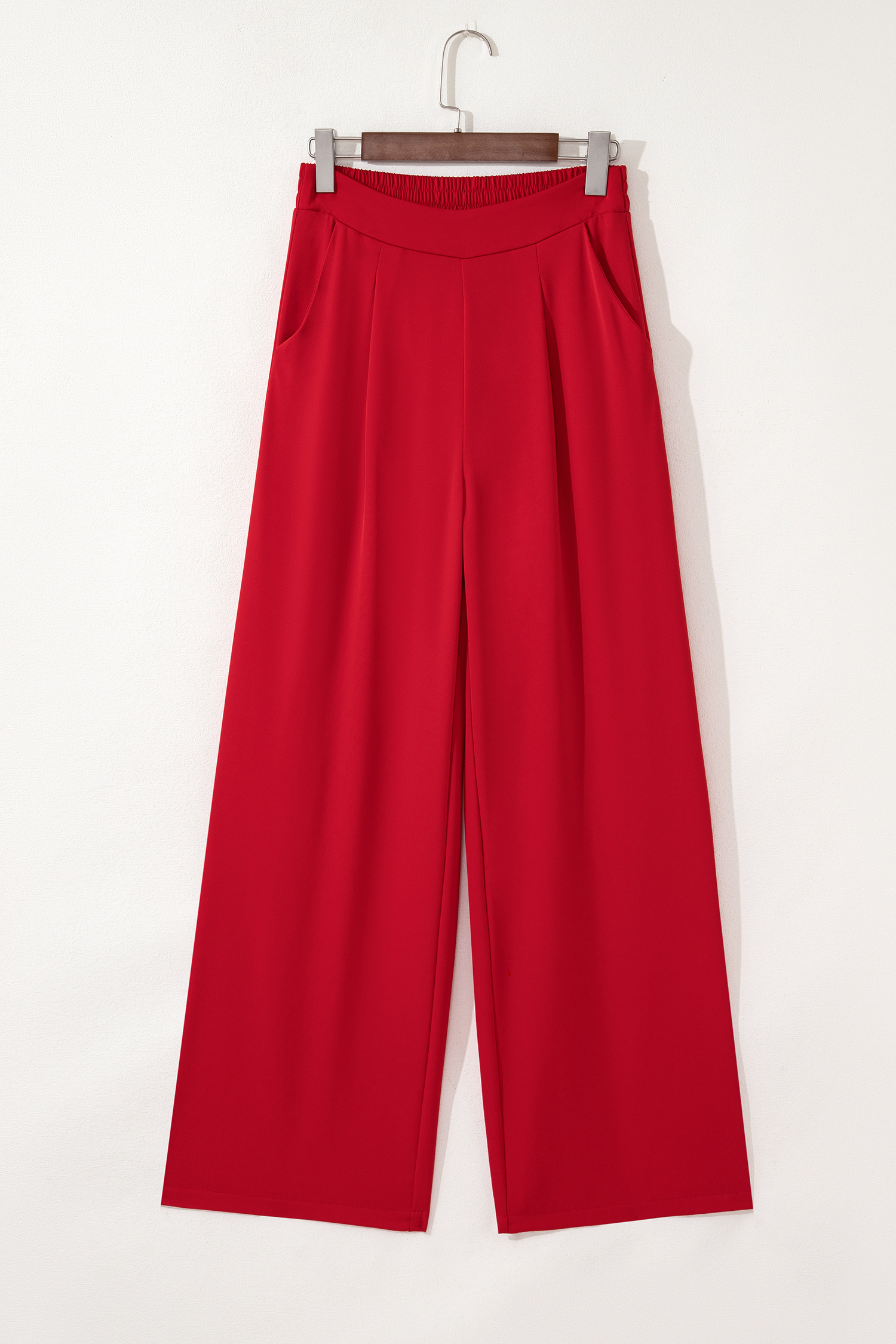 Fiery Red Pleated Detail Pull On High Elastic Waist Loose Straight Pants - loveforevers