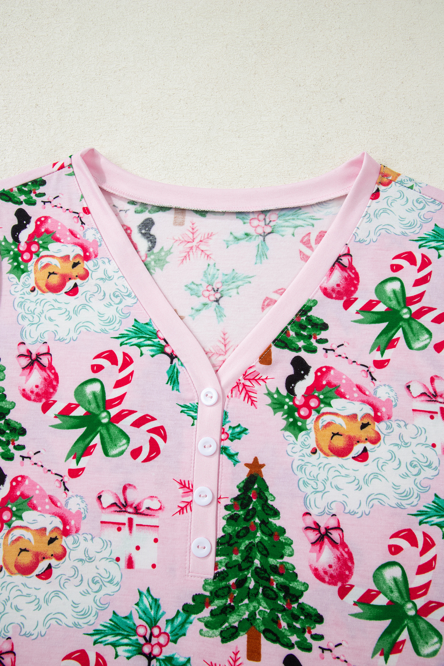 White Christmas Pattern Button V Neck Pullover Drawstring Pants 2pcs Lounge Set - loveforevers