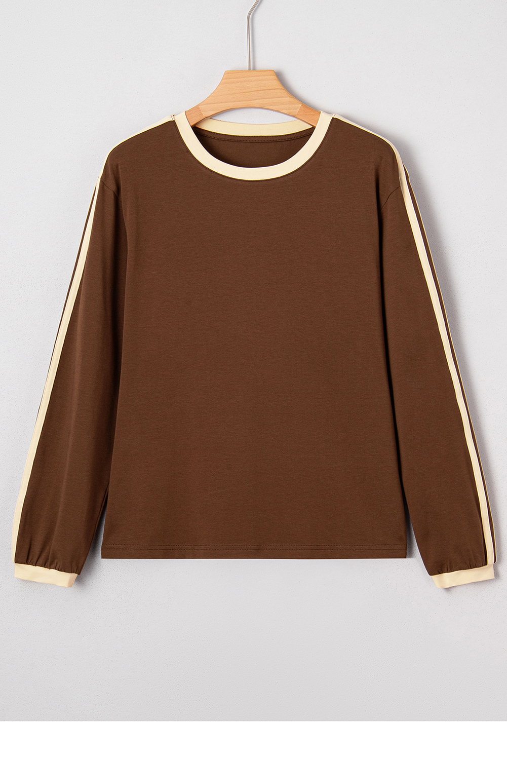 Dark Brown Varsity Striped Accent Contrast Crew Neck Long Sleeve T Shirt - loveforevers
