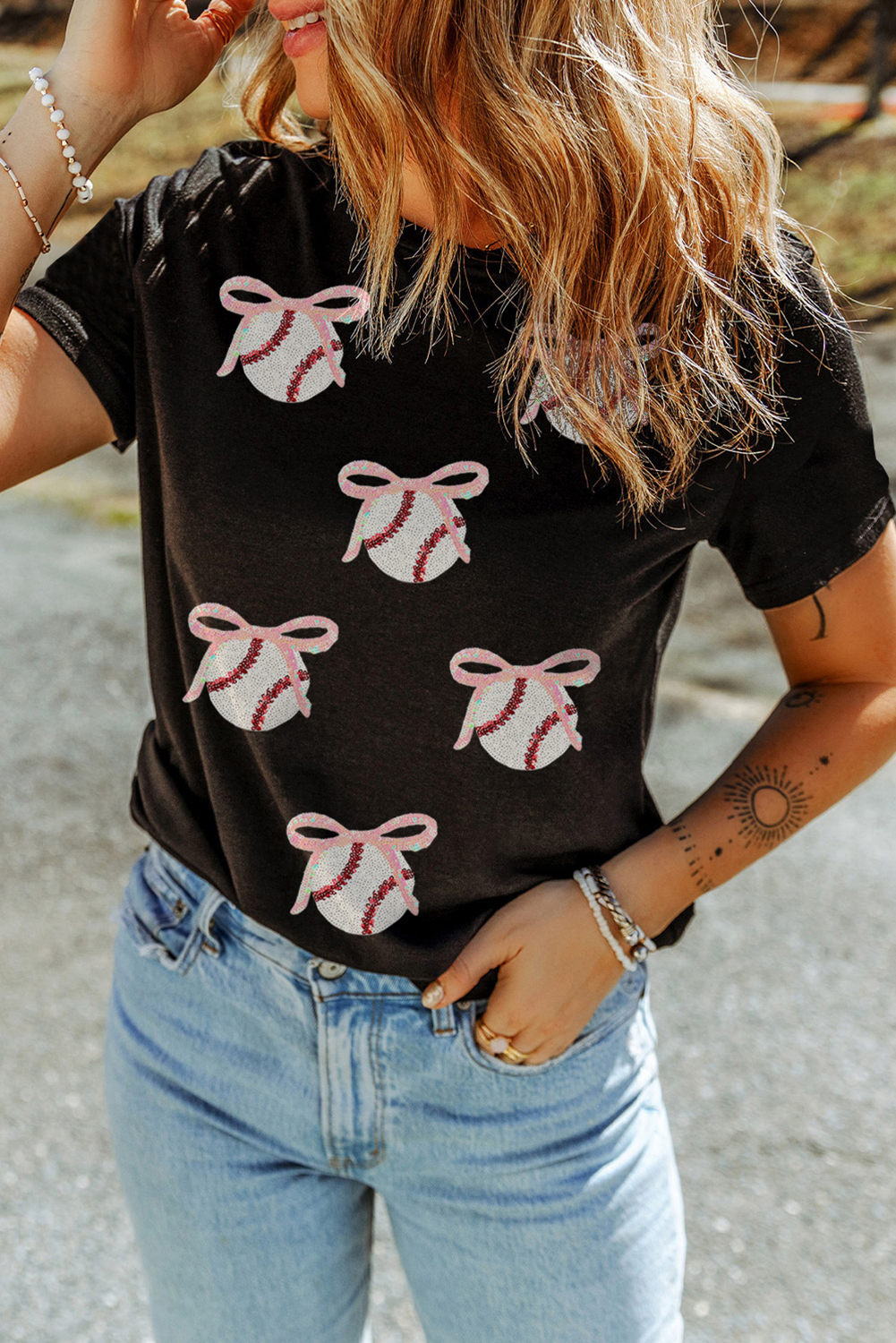 Black Shimmering Sequin Bow Ball Patterned Game Day Casual Tee - loveforevers