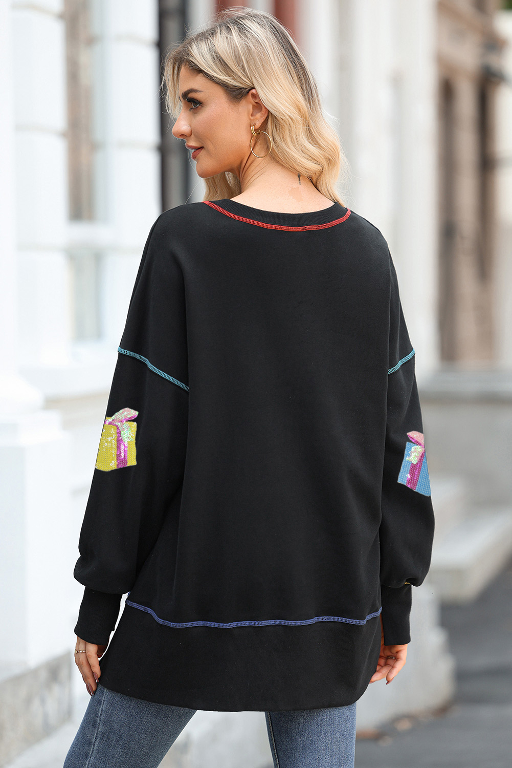 Black Contrast Trim Sequin Patched Christmas Gift Baggy Sweatshirt - loveforevers