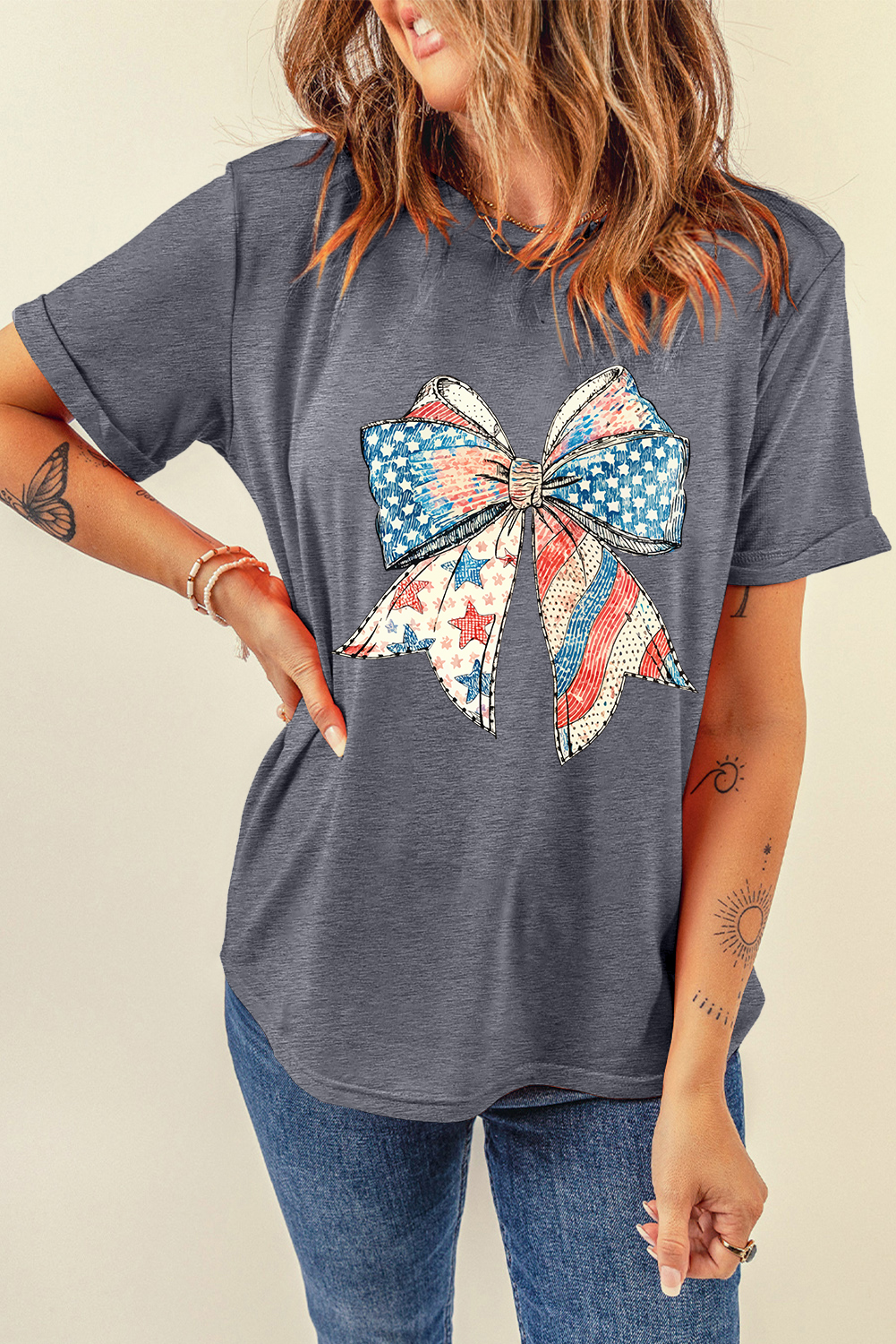 Gray US Flag Bow Print Round Neck Loose T Shirt - loveforevers