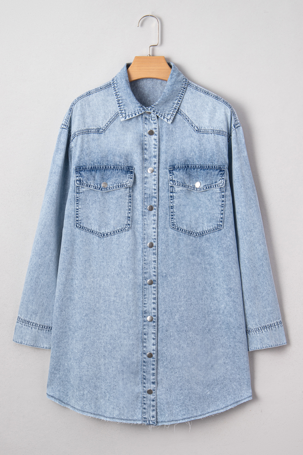 Blue Beau Chest Pocket Raw Hem Denim Loose Shirt Dress - loveforevers